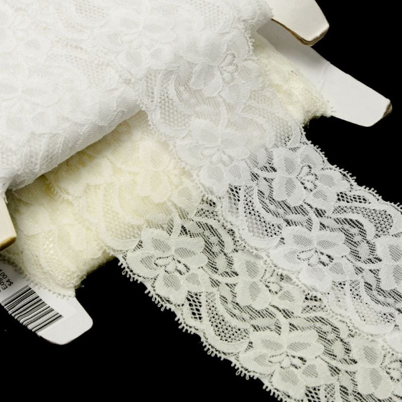 Wholesale Roll 50 Yards White Floral Narrow Scalloped Stretch Lace Tri –  SaleandBargain